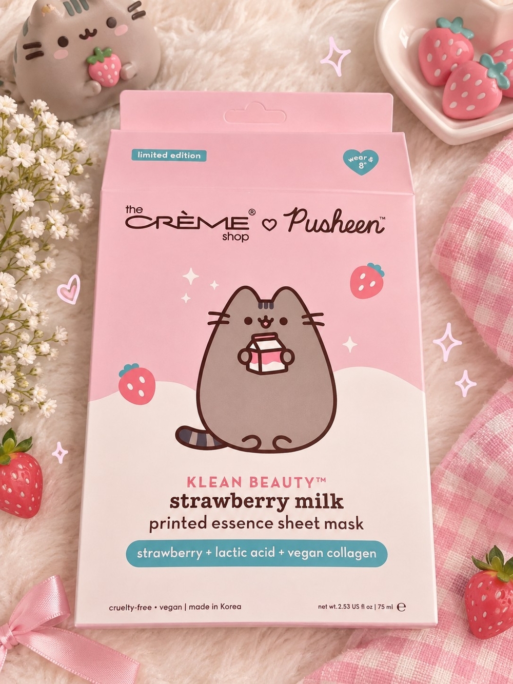 Pusheen Strawberry Milk Printed Essence Sheet Mask - Pink 3 Pack
